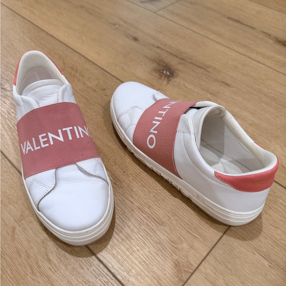Valentino White Leather Sneakers with Pink Elastic Strap